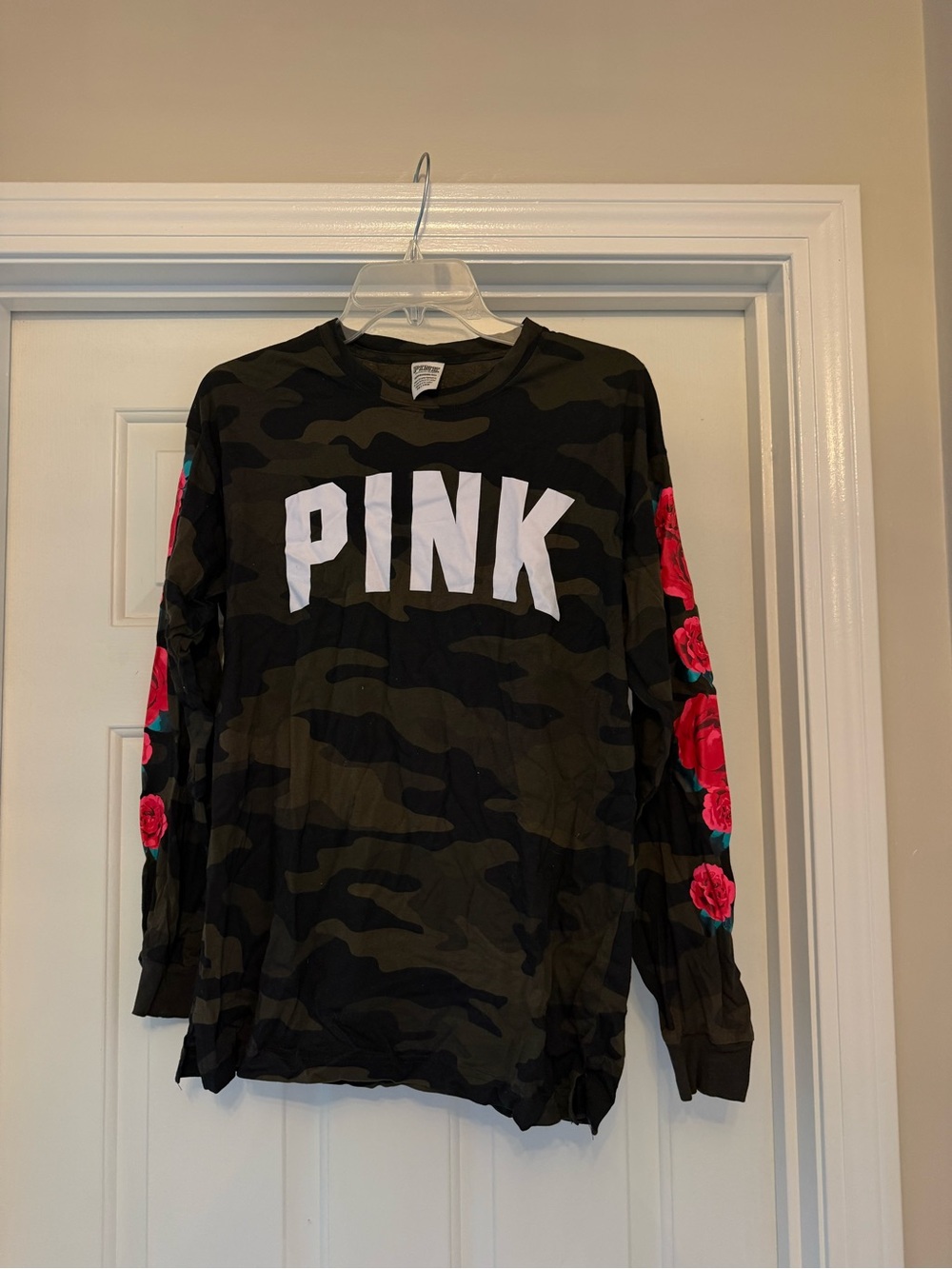 PINK Victoria's Secret Camo Long-Sleeve Campus Tee with Rose Sleeve Detail